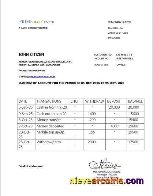 Bangladesh Prime Bank Limited statement of account Word and PDF